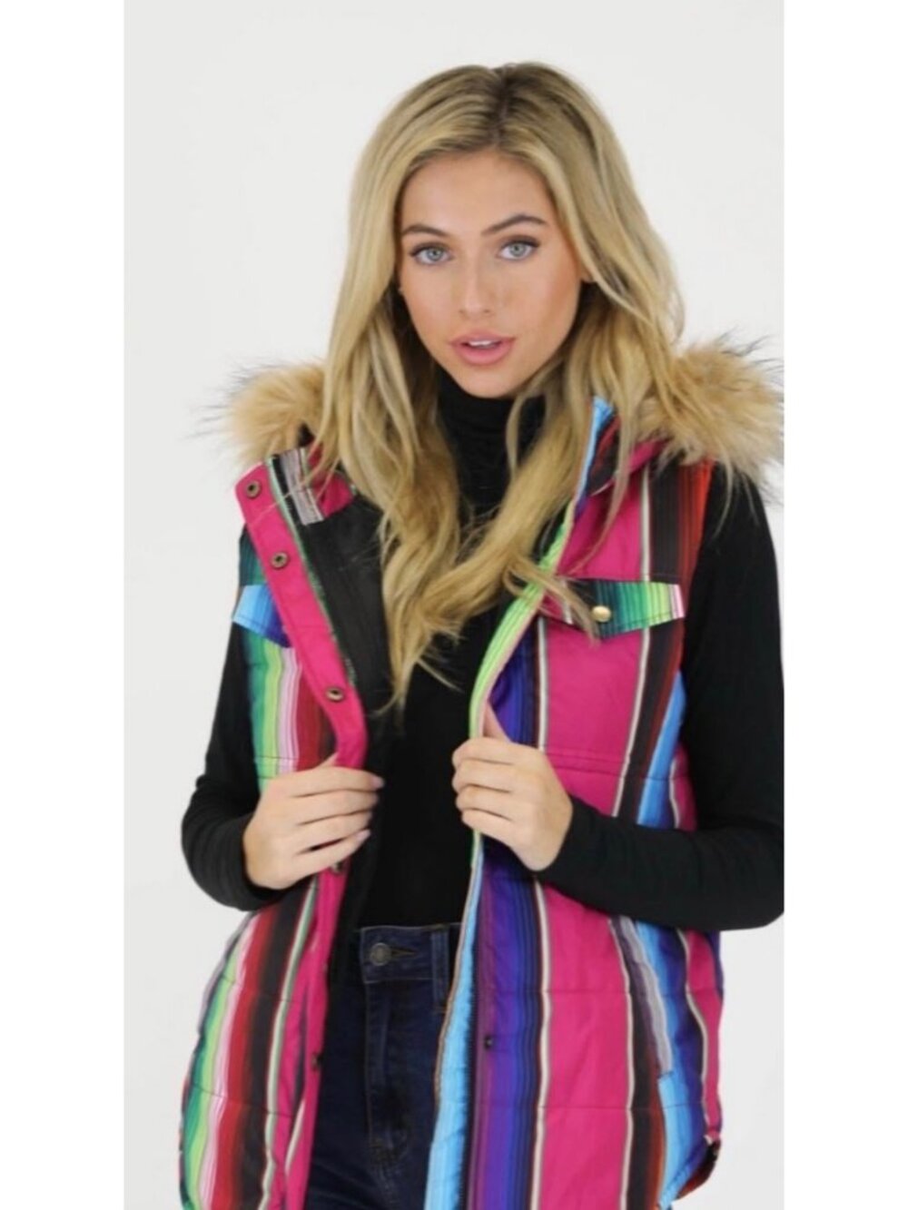 Judith March Rainbow Striped Puffer Vest Faux Fur Hood S Outdoor Street Style